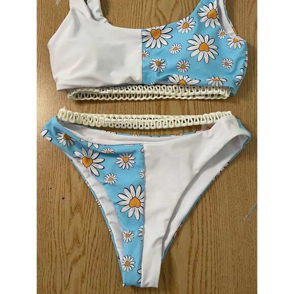 New Women’s 2Pc Sunflower 🌻 print Bikini 👙 Cheeky Swimsuit White Blue Small - Picture 2 of 4